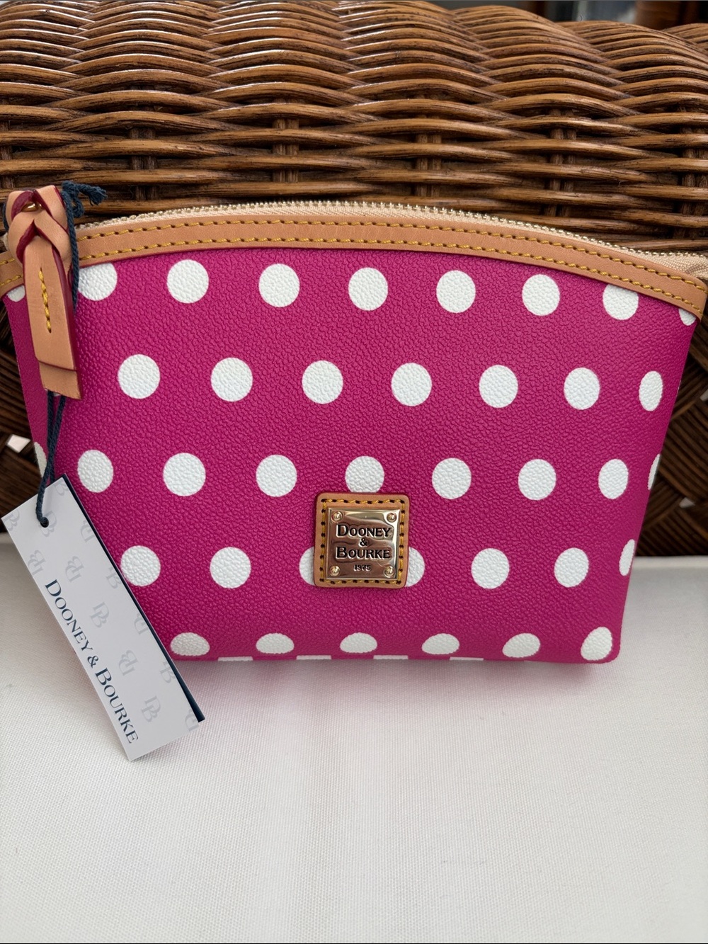 NWT Dooney & Bourke Hot Pink & White Polka Dot Cosmetic Pouch with Leather Trim